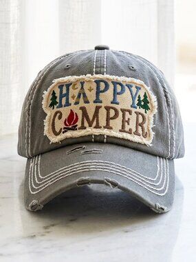 Ladies Grey Happy Camper Baseball Hat